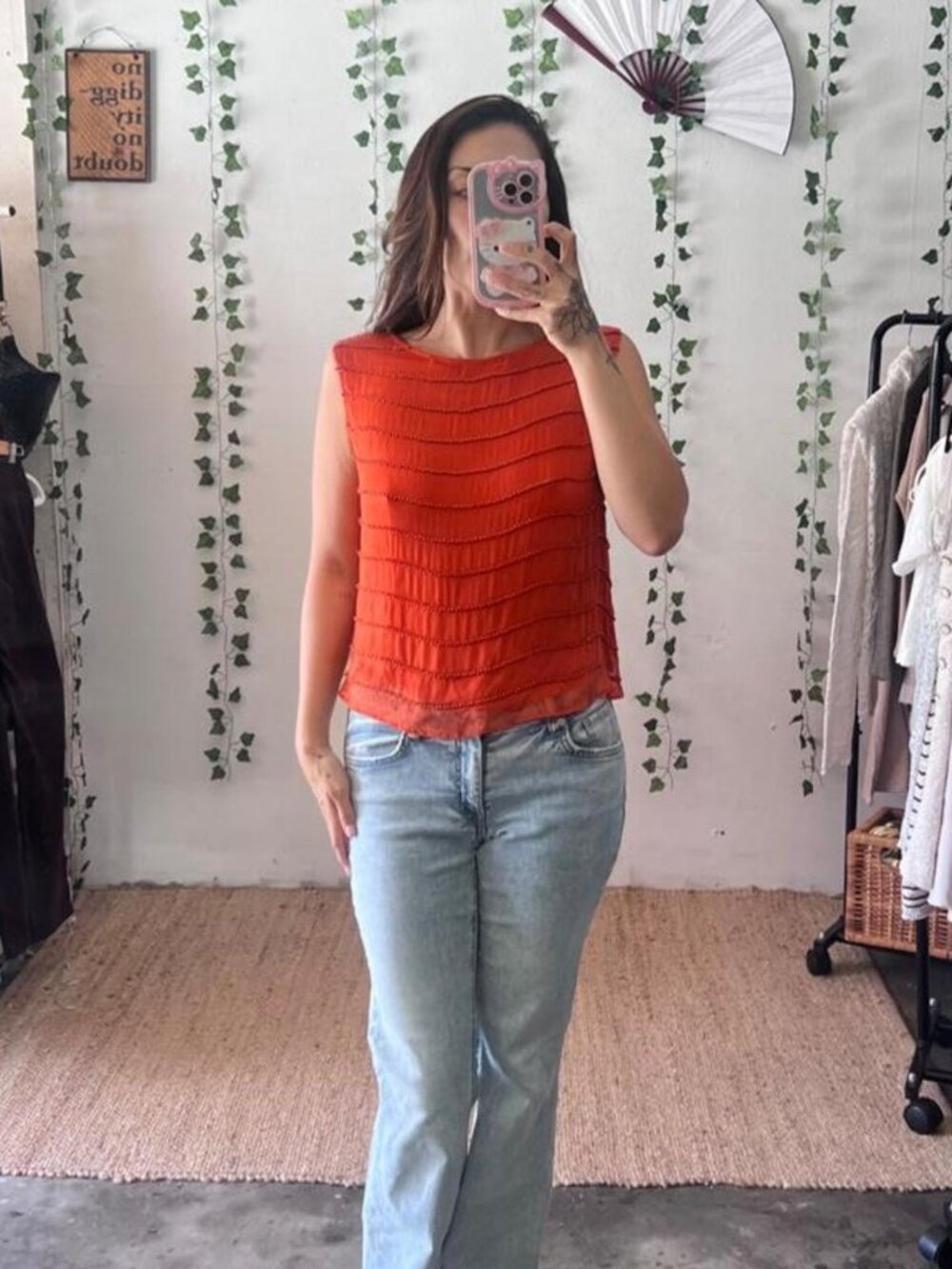 Alice + Olivia Ana Bead Embellished Silk Orange/Red Tank Top size M